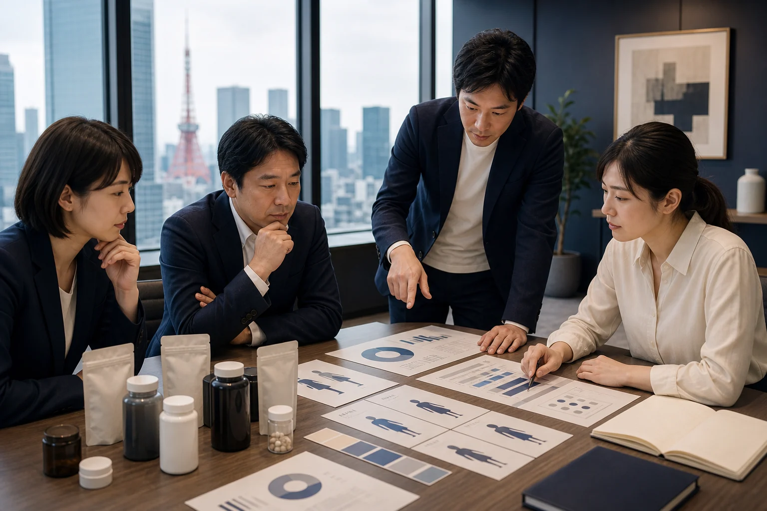 東京のオフィスで健康食品の商品戦略と顧客像を検討するチーム