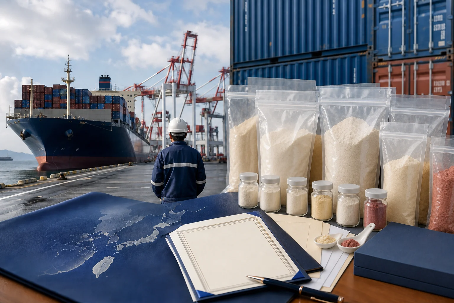 台湾の食品原料サンプルと輸入書類を扱う日本の港湾物流イメージ